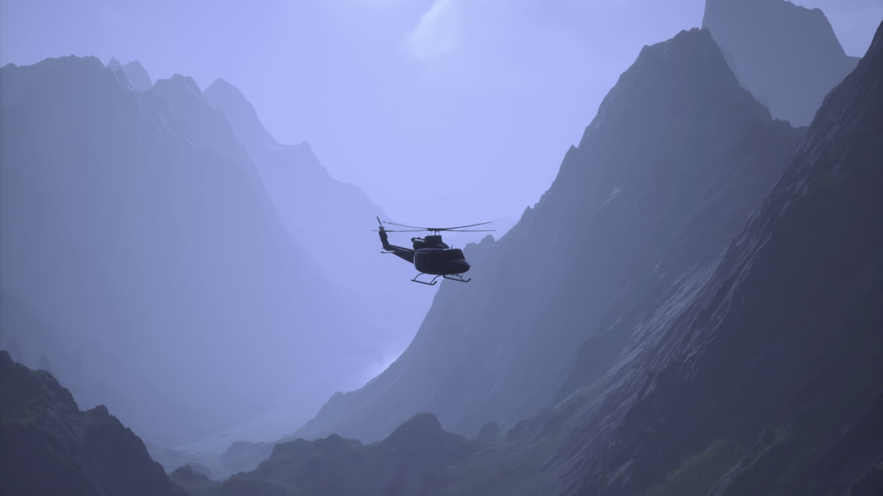 Helicopter flying over rugged mountain landscape during twilight hours