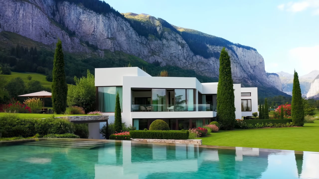 Modern White Villa By Pool, Glass Facade Reflecting Turquoise Water And Mountain Cliffs. Manicured Lawn Lined