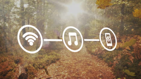 animación de iconos digitales flotando sobre el bosque