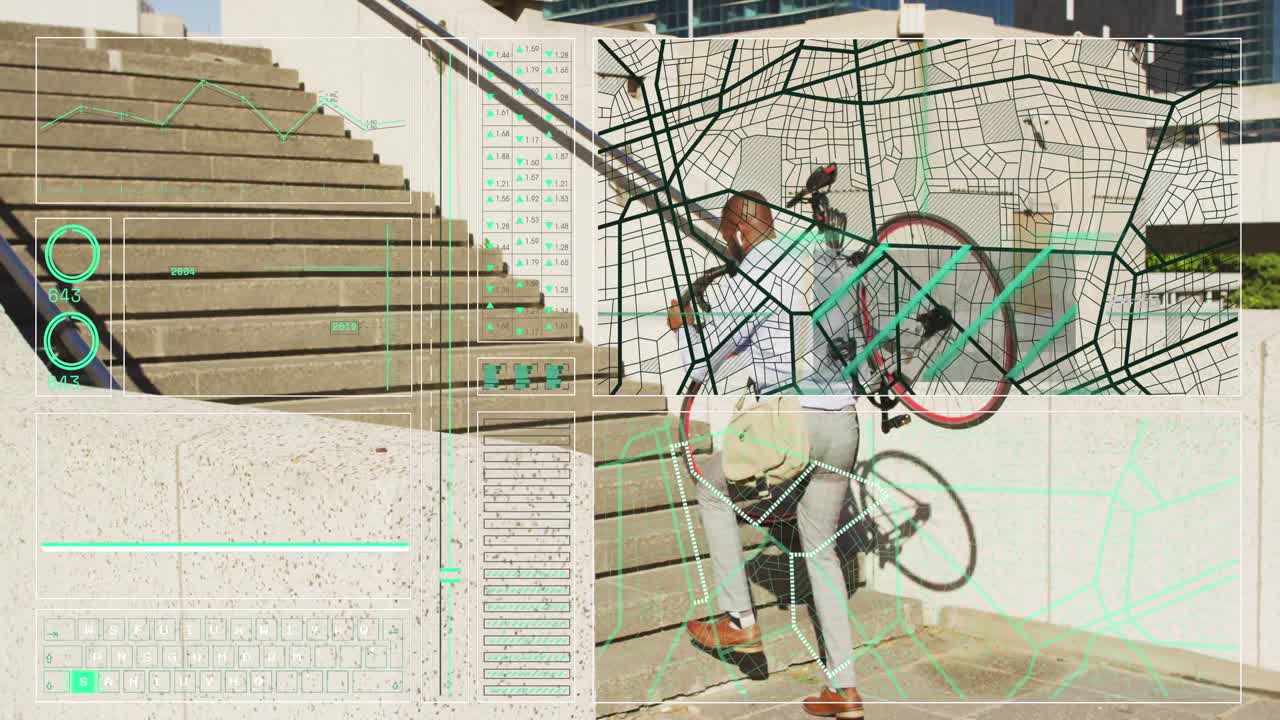 animación del procesamiento de datos sobre un hombre de negocios afroamericano caminando en bicicleta