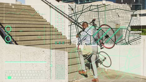 Animación-Del-Procesamiento-De-Datos-Sobre-Un-Hombre-De-Negocios-Afroamericano-Caminando-En-Bicicleta