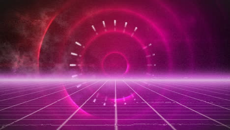 animation of moving circles with rays over glowing grid pattern