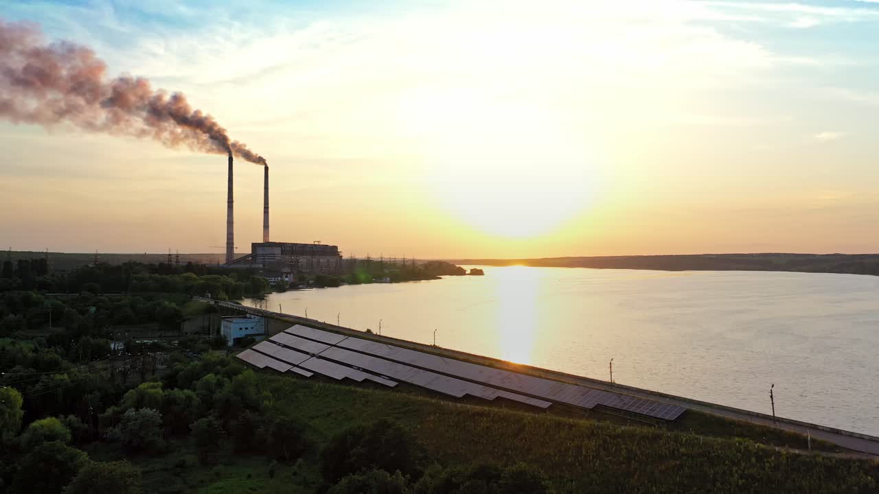 Aerial view of river during sunset. Landscape at gorgeous golden sunrise