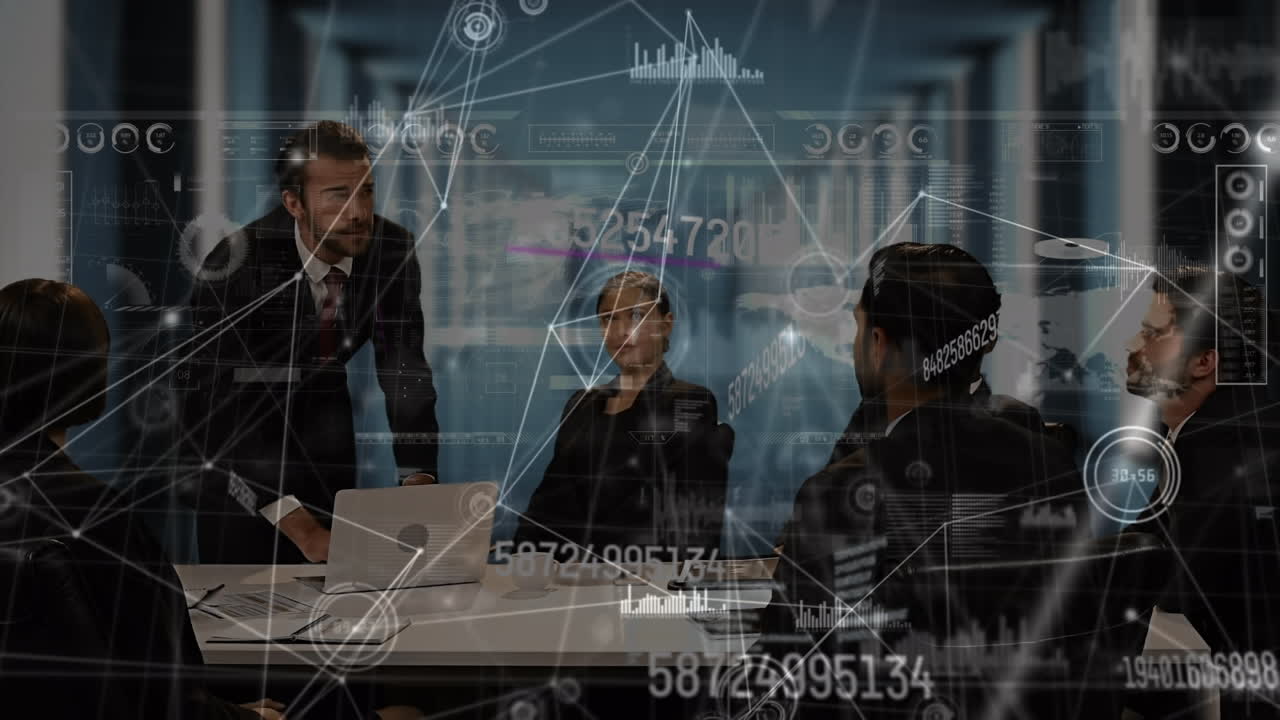 animación de empresarios, procesamiento de datos y red de conexiones