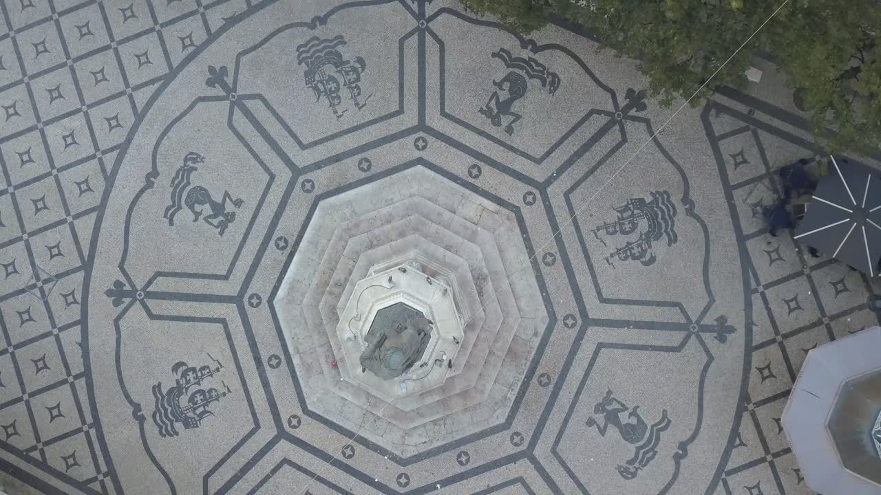 Aerial view showcases Lisbon's squares adorned with its iconic patterned mosaic sidewalks, a picturesque scene anticipating the day's events