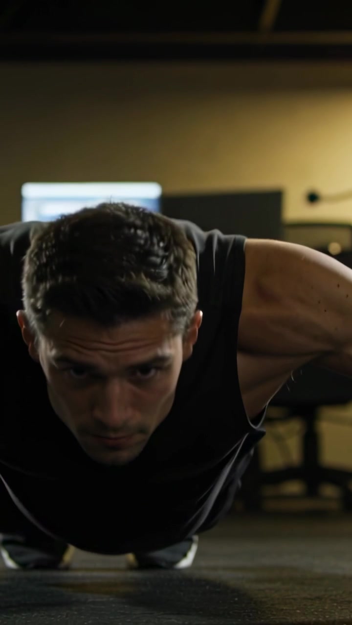Vertical video: Entering gym, fit male doing push-ups on mat for fitness, wearing black gym clothes