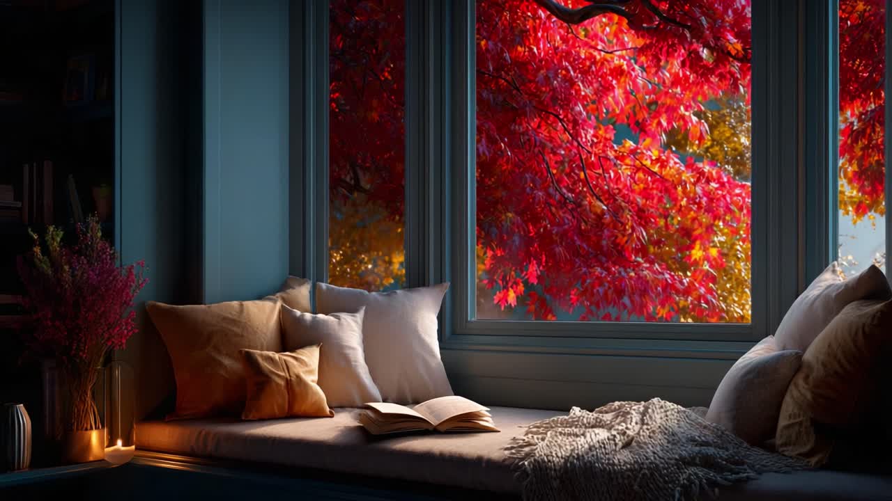 A Cozy Autumn Reading Nook Bathed in Beautiful Natural Light Showcasing Vibrant Red Leaves Outside the Window, Ideal for Relaxation and Enjoyment of Fall's Splendor