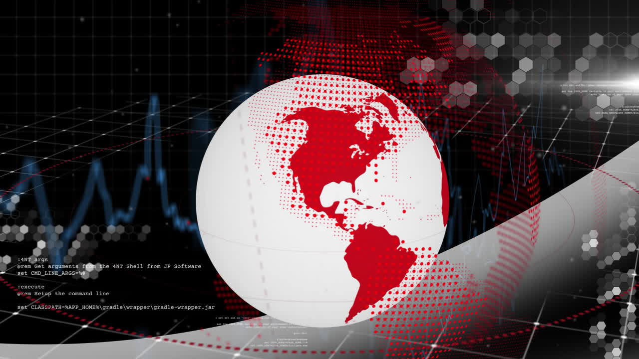 Digital data overlay and hexagonal patterns on red and white globe animation