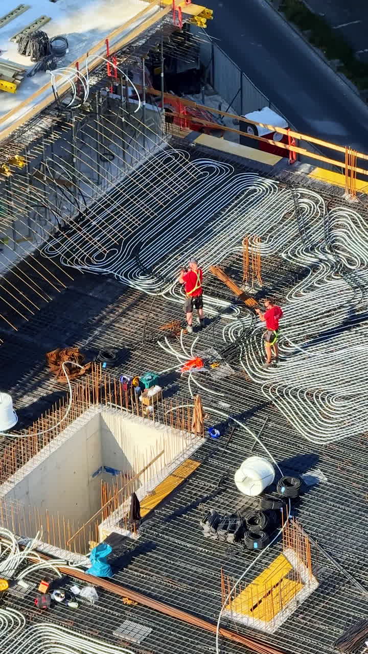 Workers ready for concrete pour. Workers lay steel reinforcement rods on a construction site in a city, preparing to pour concrete on a sunny day