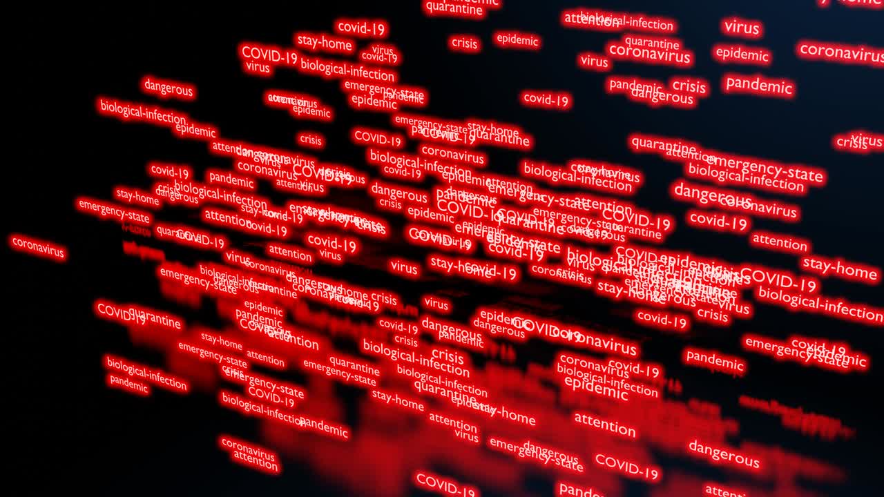 la etiqueta nube de texto de neón rojo en el tema de la pandemia de coronavirus. fondo covid19 con la etiqueta palabra nube. texto de neon nube 3d con animación suave.
