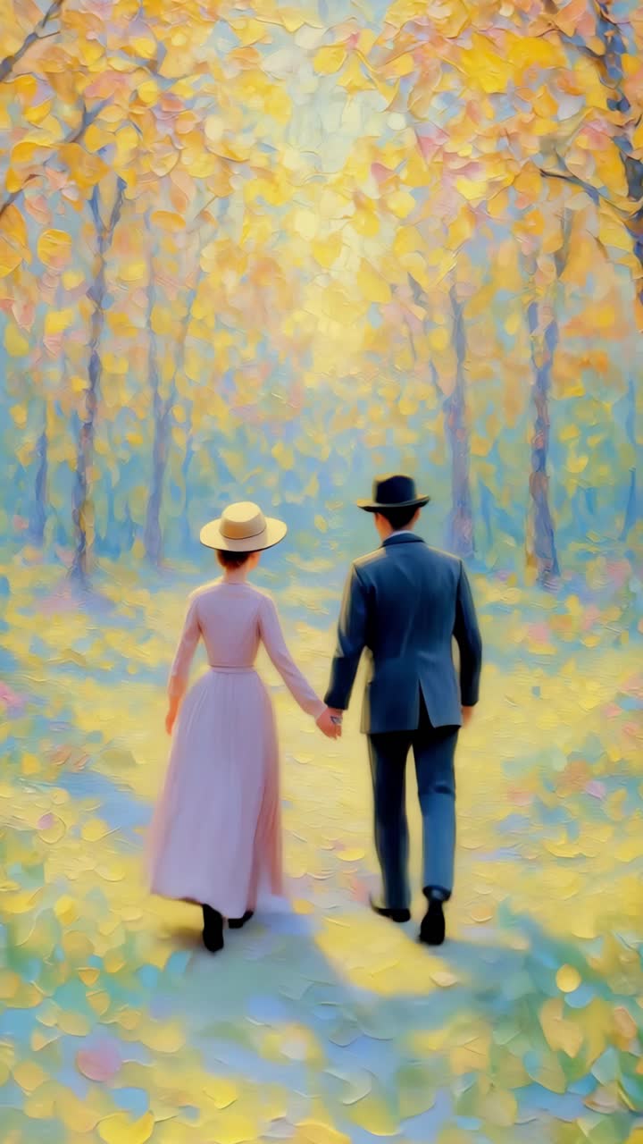 Romantic video concept with a couple walking hand in hand through a sunlit forest