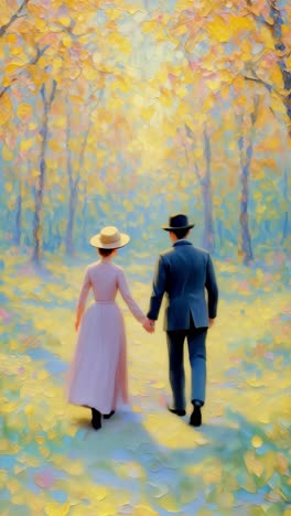 Romantic video concept with a couple walking hand in hand through a sunlit forest