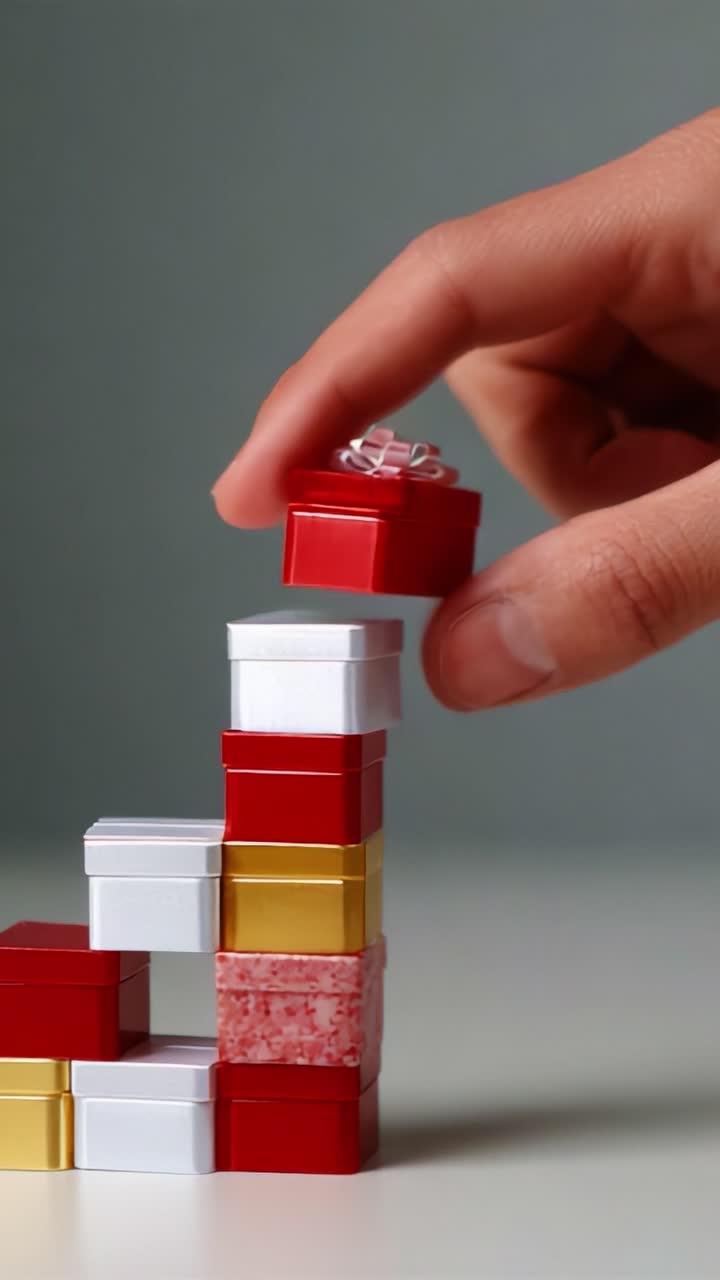 A Creative Typology of Gift Boxes Stacked Playfully to Form a Unique Tower Structure, Showcasing an Artistic Arrangement of Red, White, and Gold Containers with Delicate Toppers