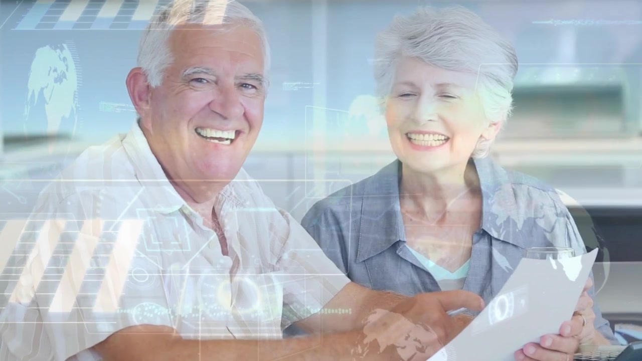 Senior couple sitting counter, document starting review while marking confirming finances with HUD