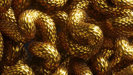 3d looping animation, abstract fantasy background with wavy tangled golden snakes moving, shiny metallic dragon scales texture, animated wallpaper