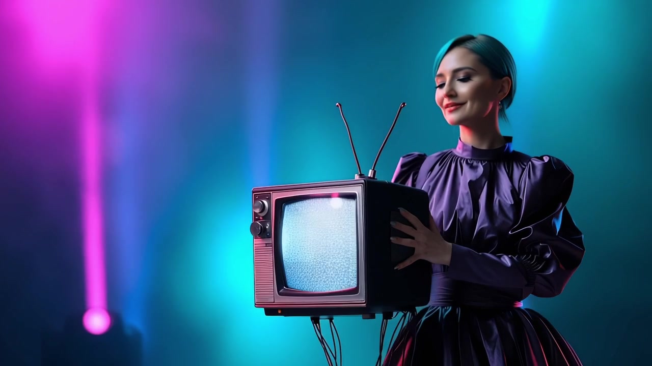Donna elegante con capelli blu che tiene una TV retrò con schermo statico.
