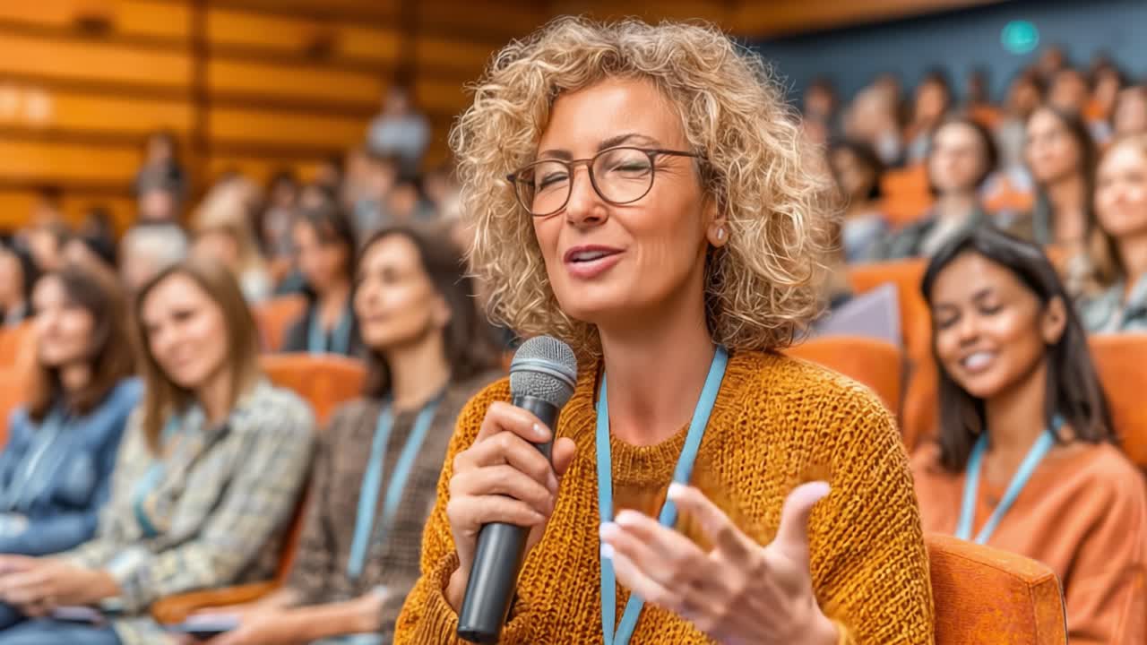 Un membro del pubblico coinvolto ispira con domande perspicaci durante una sessione dinamica di conferenza su argomenti rilevanti in un ampio auditorium