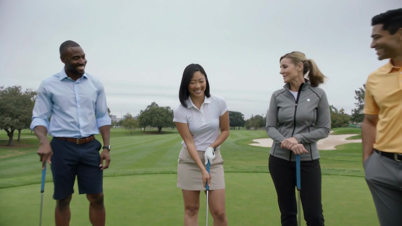 Allineandosi, una donna in polo bianca si prepara a imbucare un putt sul green, con amici che tengono i putter e osservano.