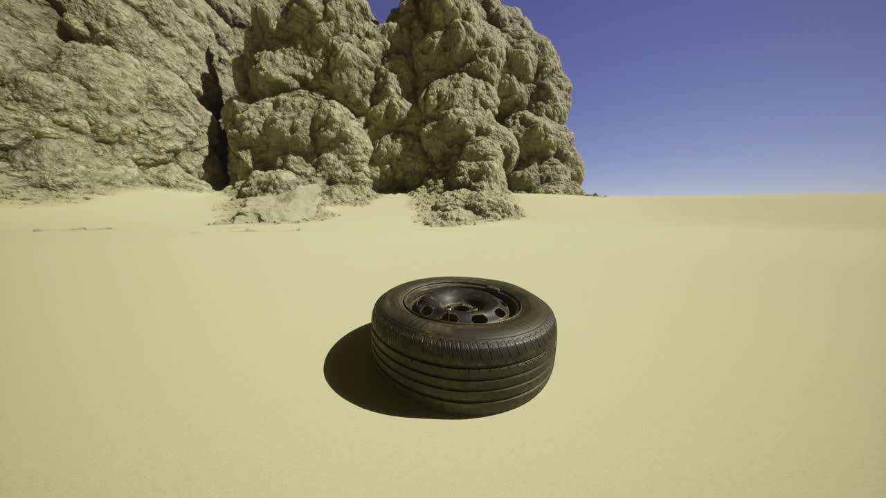Desert landscape featuring an abandoned tire among sand and rocks
