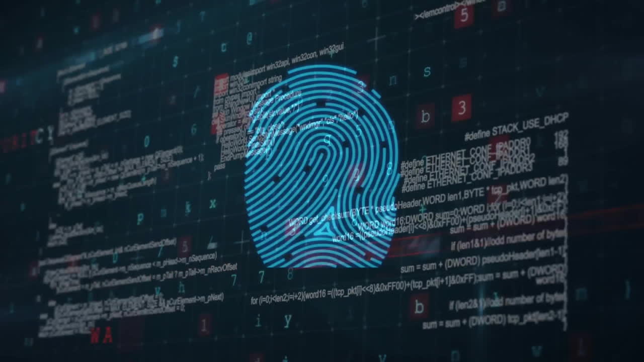 Animation of fingerprint security scan over processing data on black background