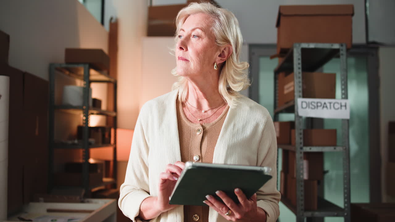 Senior Woman Using Digital Tablet to Manage Inventory in Warehouse