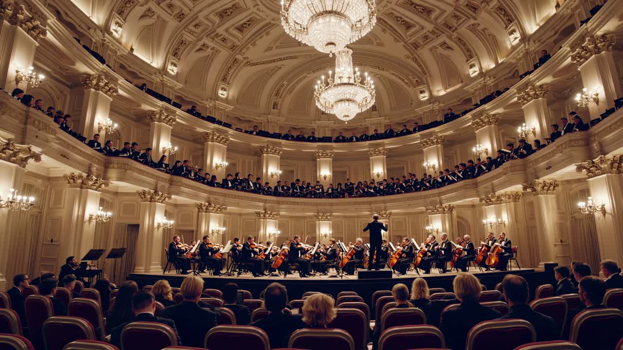 Elegante scena video di un'orchestra che si esibisce in una grande sala, ripresa da una angolazione bassa