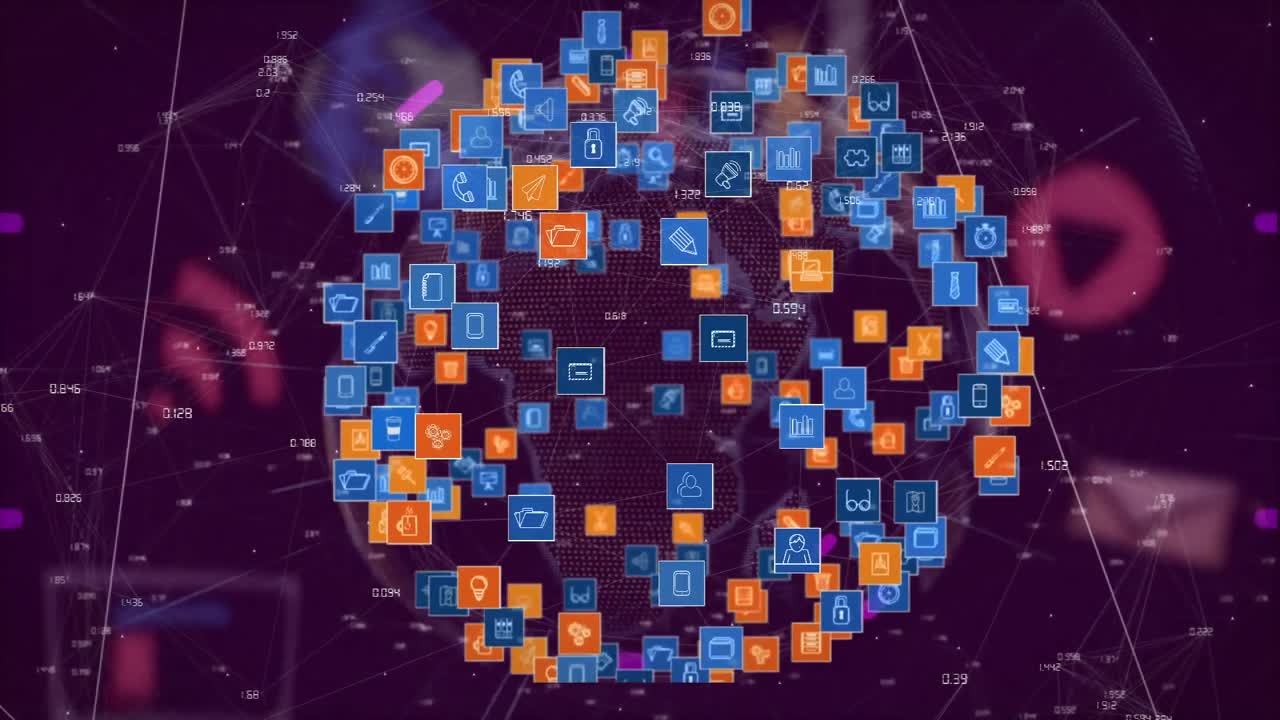 animación del globo con iconos y red de conexiones