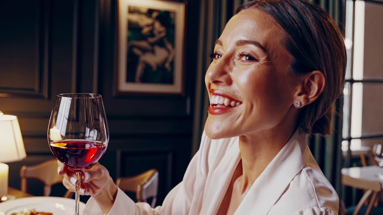 Woman enjoying a glass of wine in a luxury restaurant