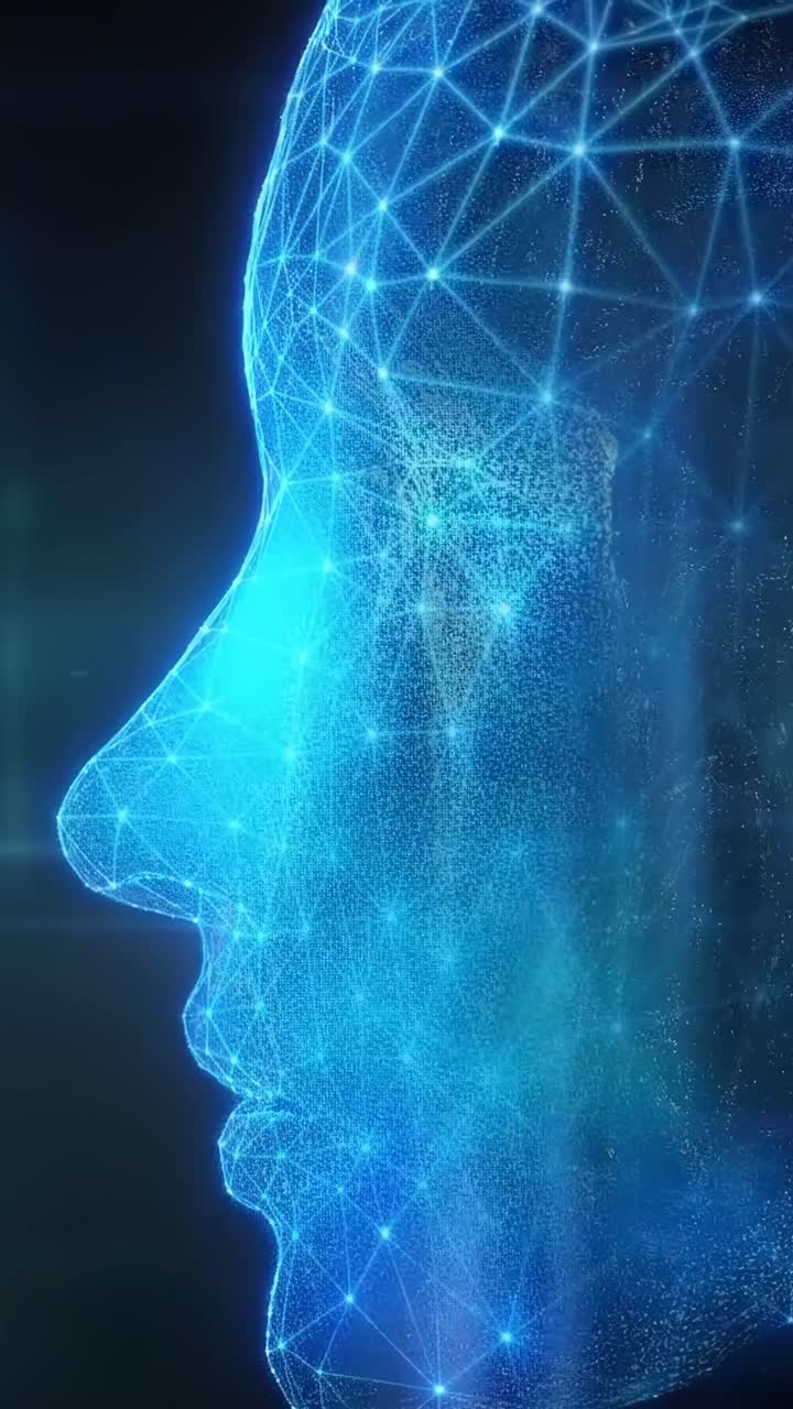 Vista laterale di una mesh facciale digitale con linee luminose, concetto video futuristico