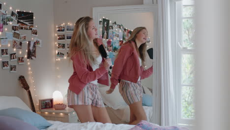 happy teenage girl dancing in bedroom to music enjoying celebrating weekend having fun singing wearing pajamas at home