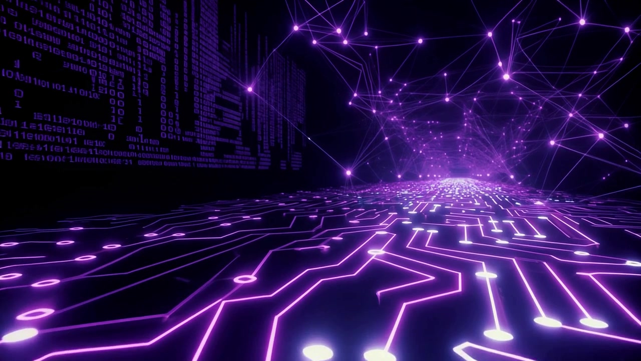 Abstract Digital Circuit Board with Glowing Purple Lines and Binary Data Flow