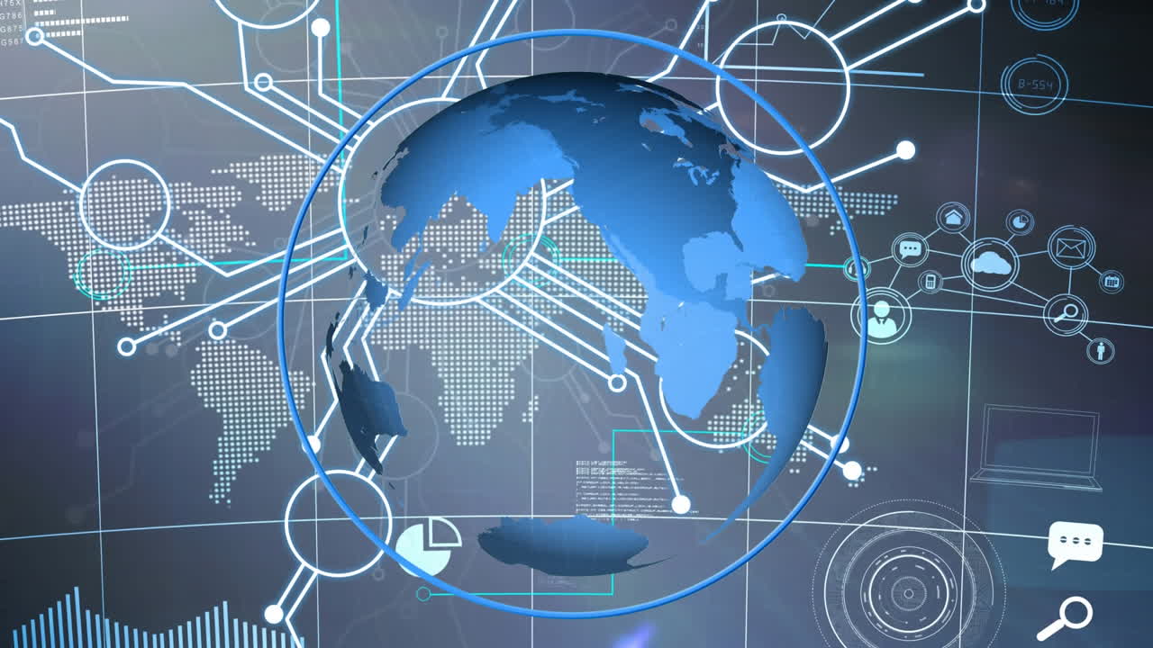 전 세계와 세계 지도에 대한 디지털 아이콘과 연결 네트워크의 애니메이션