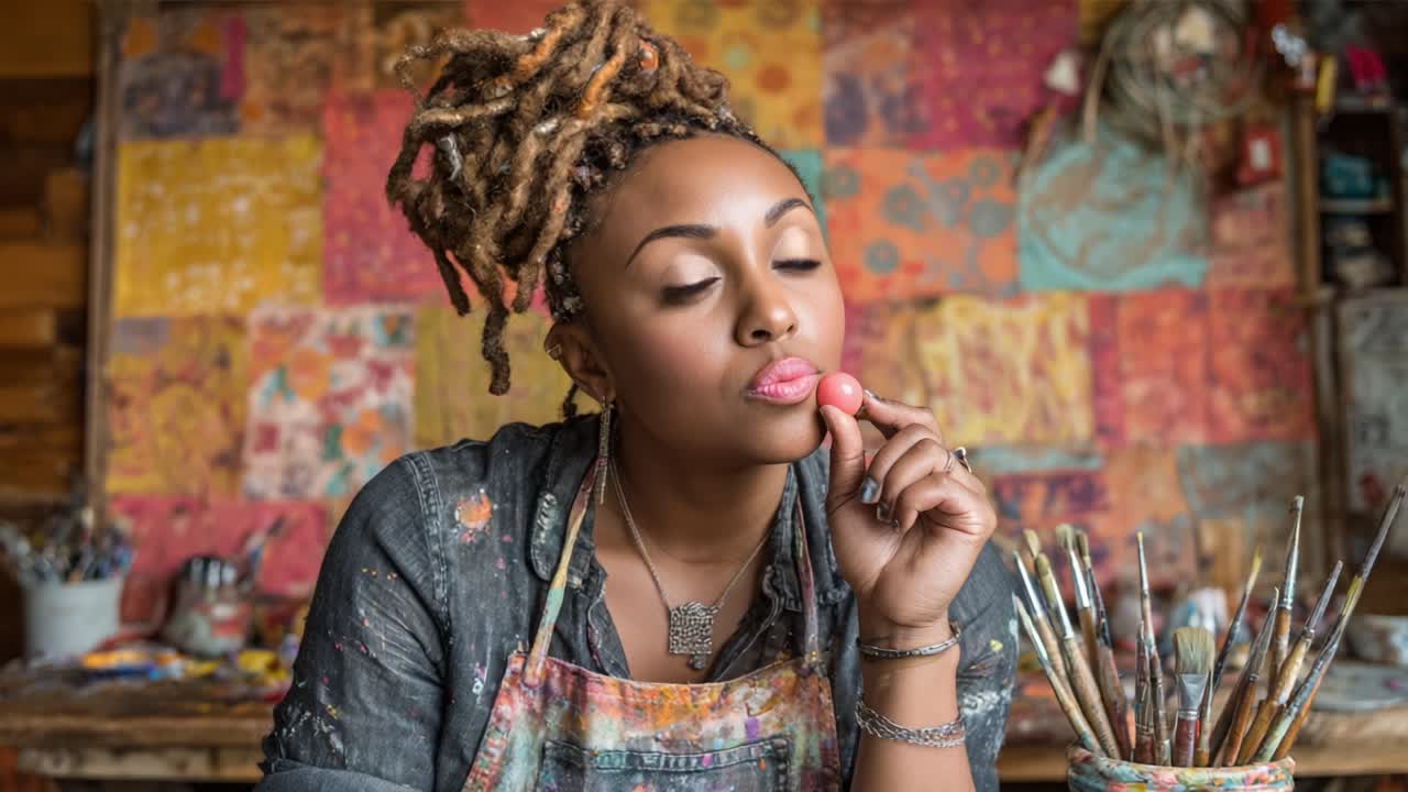 A Creative Portrait of an Artist in a Vibrant Studio, Playfully Posing with a Pink Treat Amidst Colorful Artistic Background and Tools