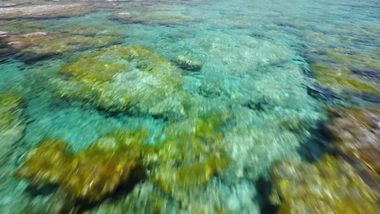 그리스의 맑은 청록색 바닷물 위를 낮게 날고 있는 목가적인 엘라포니시 해변 석호