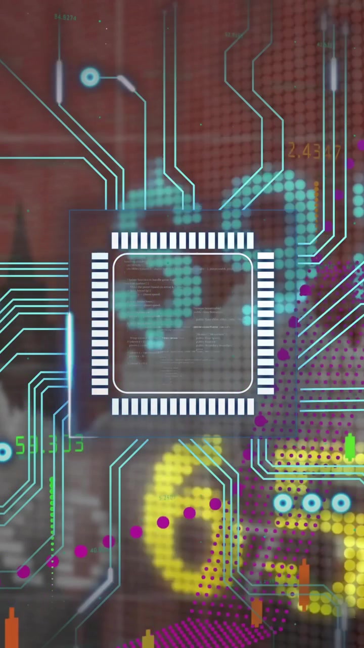 Animación de microchip y líneas de circuito sobre datos y gráficos del mercado de valores
