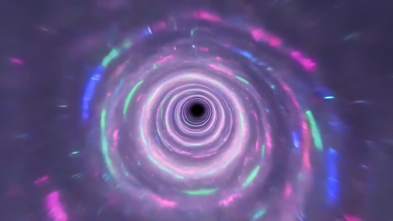 Advancing camera showing glowing concentric rings around dark core in CGI wormhole, with streaks