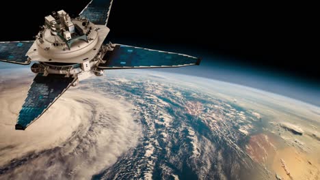 Space-satellite-monitoring-from-earth-orbit-weather-from-space,-hurricane,-Typhoon-on-planet-earth.