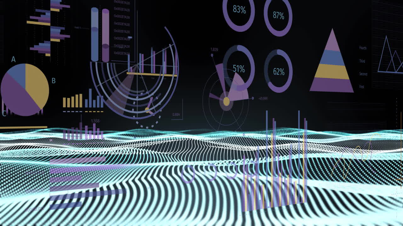 animación de un procesamiento de datos y un globo sobre un fondo negro