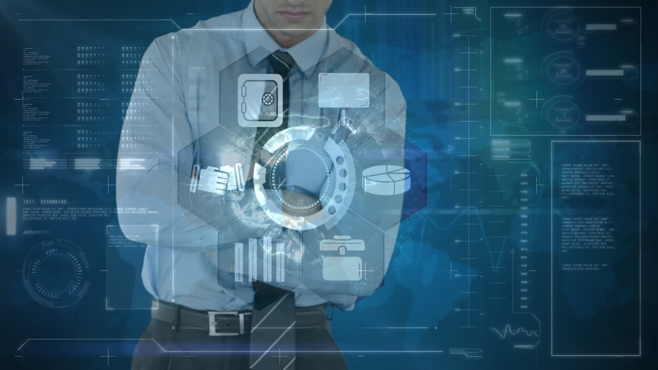 compuesto digital de un hombre de negocios tocando una pantalla futurista