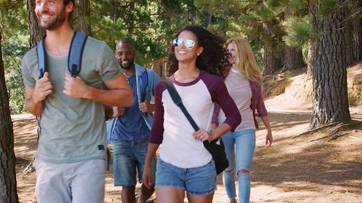 Grupo de jóvenes amigos en una aventura de senderismo en el campo