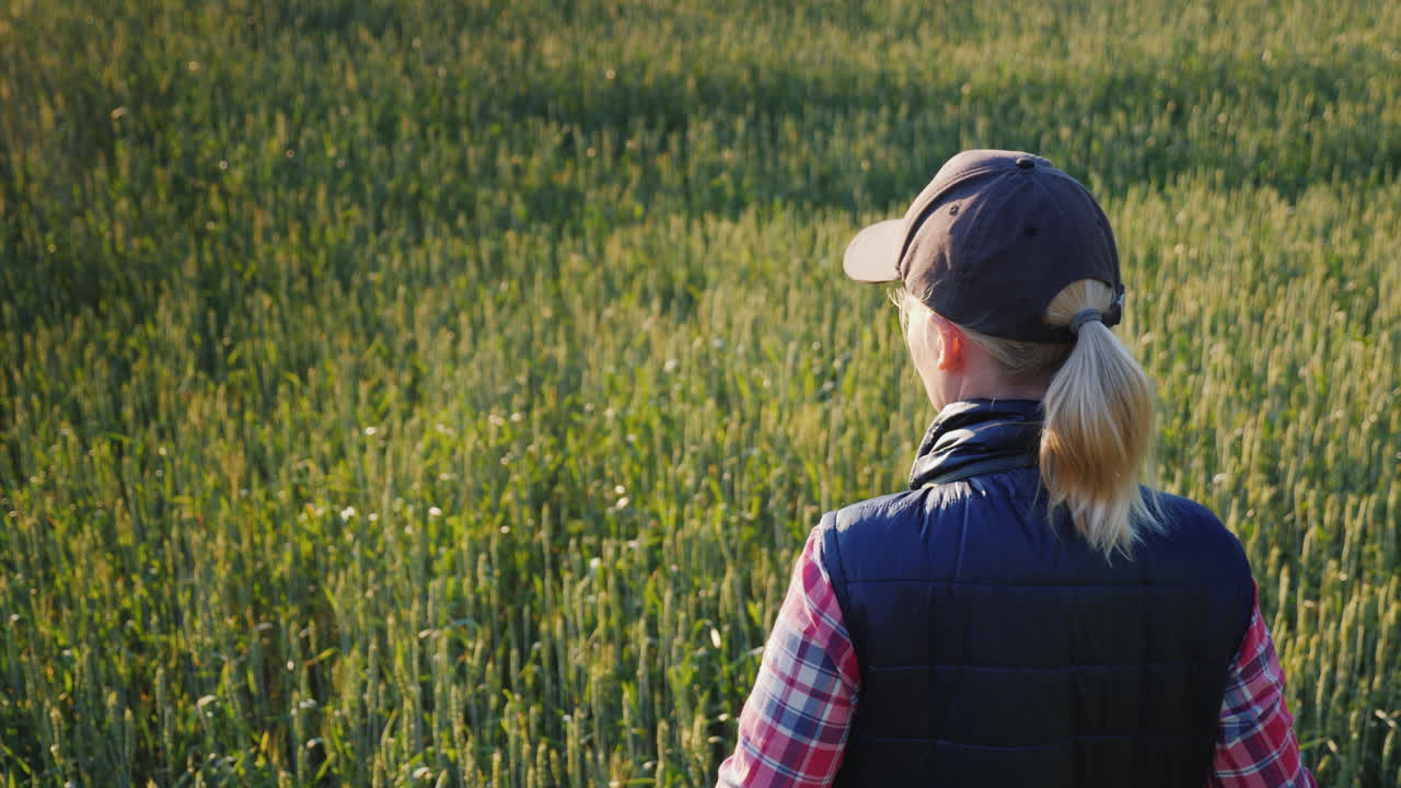 una mujer mira a través de binoculares de pie en el interminable campo verde