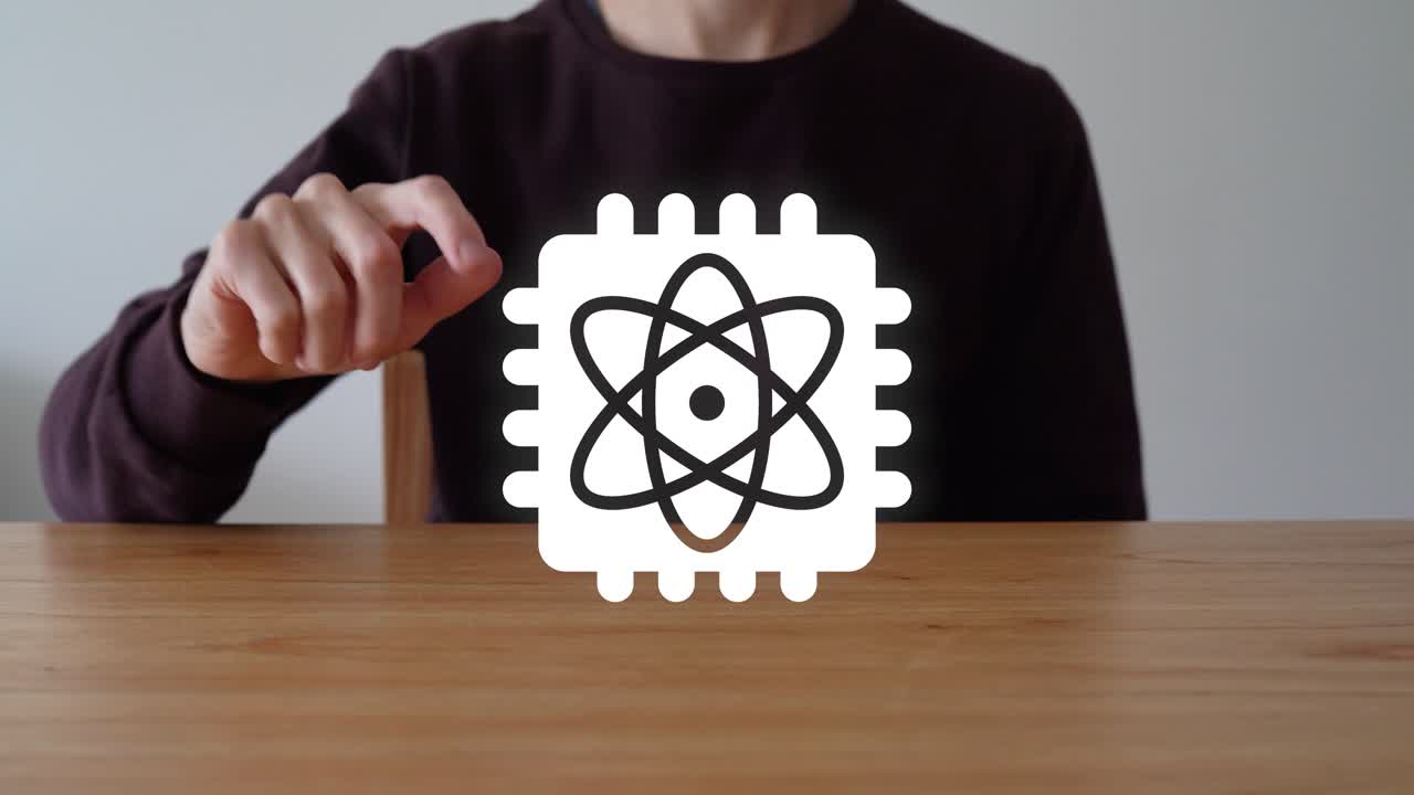 Person's Finger Touch The Quantum Computing Icon. - closeup shot