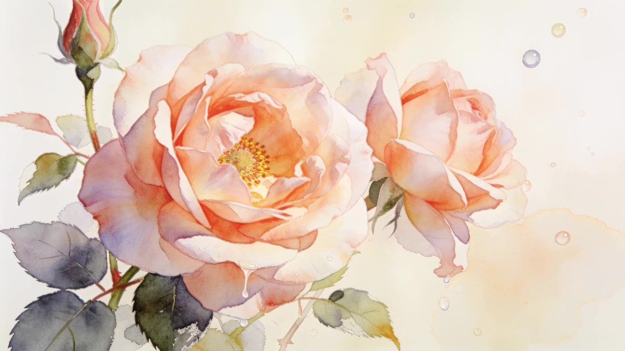 Animazione in riproduzione, coppia di rose color pesca ad acquerello con bocciolo che mostra goccioline che bagnano carta color crema