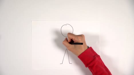 hand draws a stick man sketch on white sheet, it comes to life. walk screen left.