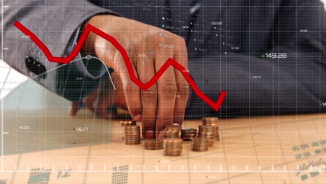 animation of red line and financial data processing over biracial businessman counting coins