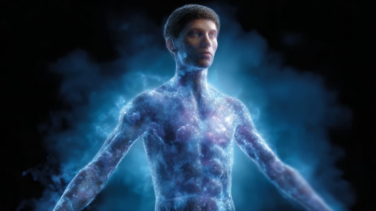 A Cosmic Journey: Exploring the Mysterious Universe Within as a Figure Poses in Ethereal Light, Surrounded by a Dazzling Galaxy of Stars and Mystical Energy