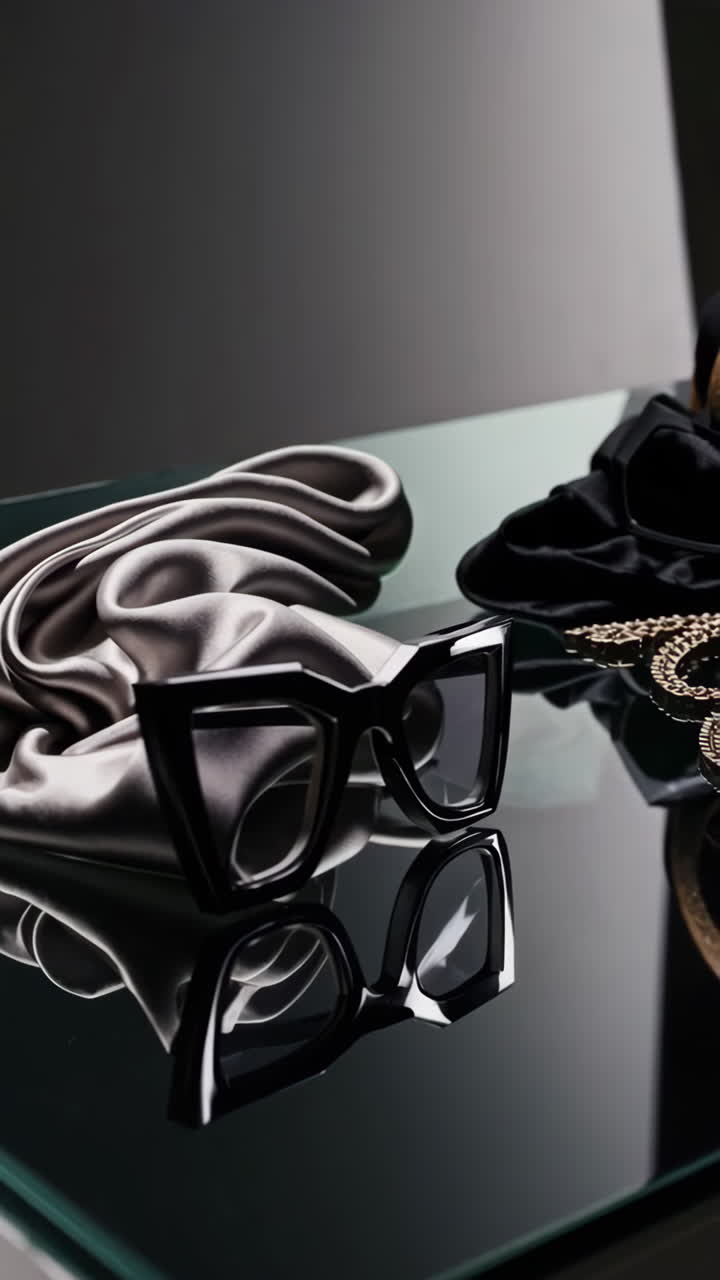 Stylish Sunglasses and Accessories on a Reflective Surface