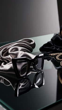stylish sunglasses and accessories on a reflective surface