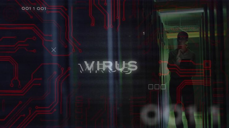 Animation of virus text over data processing caucasian female worker in server room