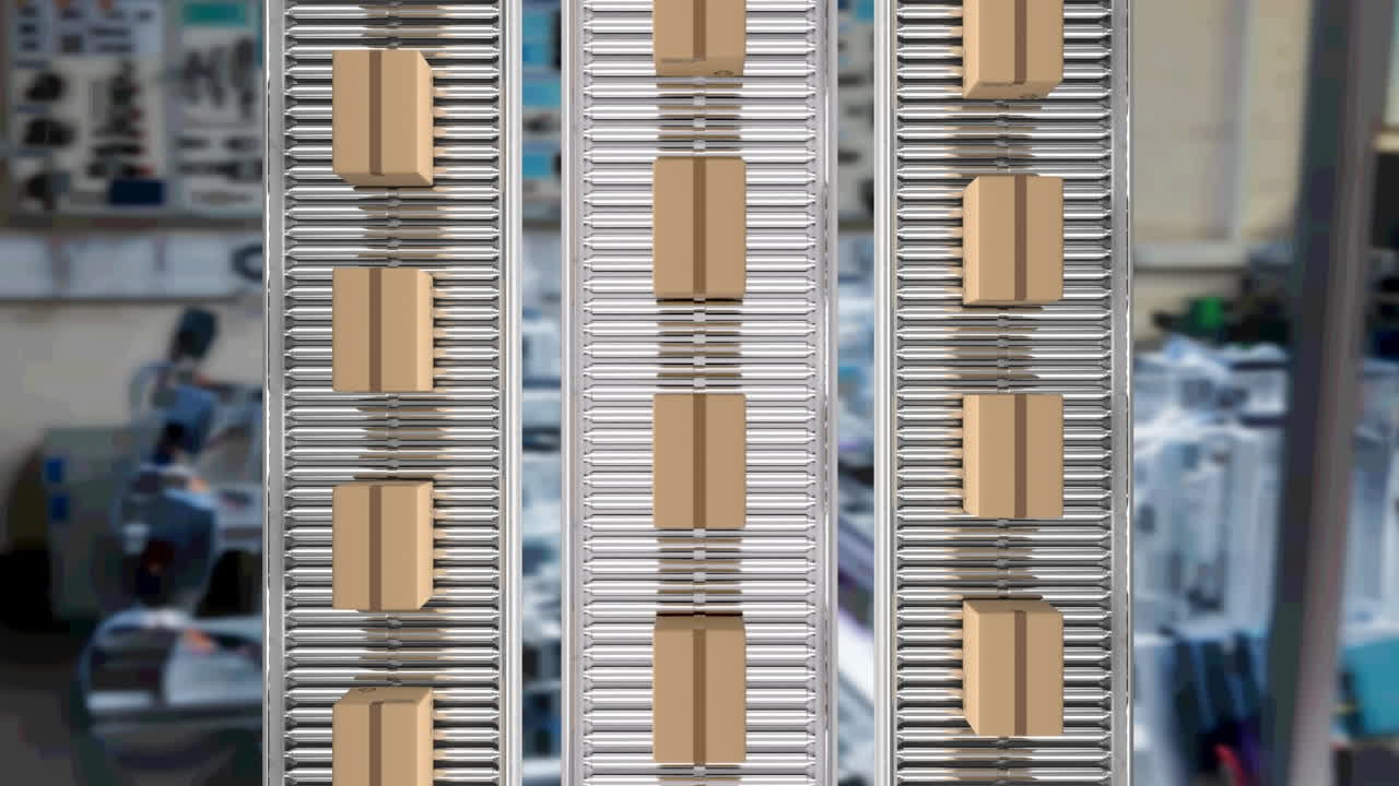 창고에서 컨베이어 벨트에 움직이는 카드보드 상자의 애니메이션